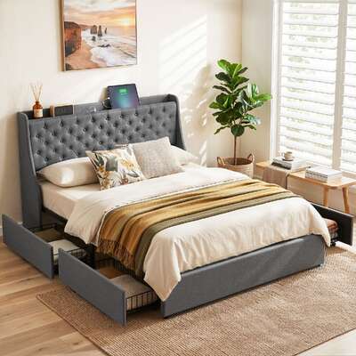 Queen Bed Frame Storage Drawers Charging Station | EXTG