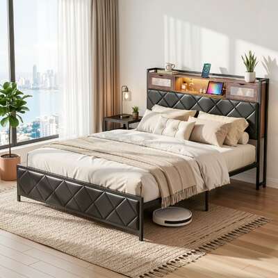 Queen Bed Frame LED Lights Storage Headboard | EXTG
