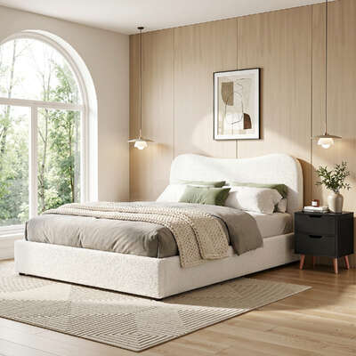 Double Bed Frame and Bedside Table Set Boucle Beige with Headboard Black Nightstand