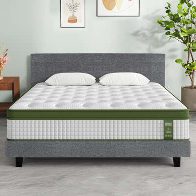 King Bed Frame Set with Hybrid Mattress Medium Firm Linen Grey