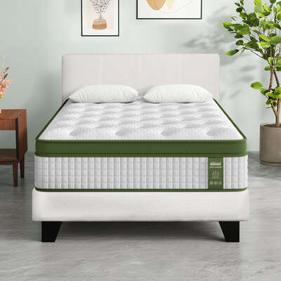 King Single Bed Set with Hybrid Mattress Upholstered Platform White Boucle