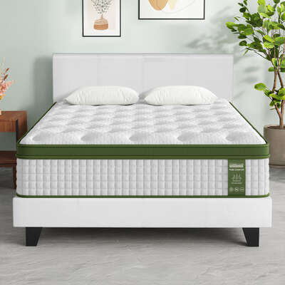 Queen Bed Frame Set with Hybrid Mattress Medium Firm Leather White