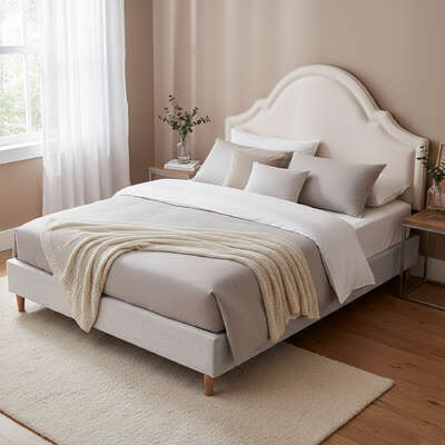 Queen Bed Frame With Storage Scalloped Velvet Headboard Wooden Platform Base