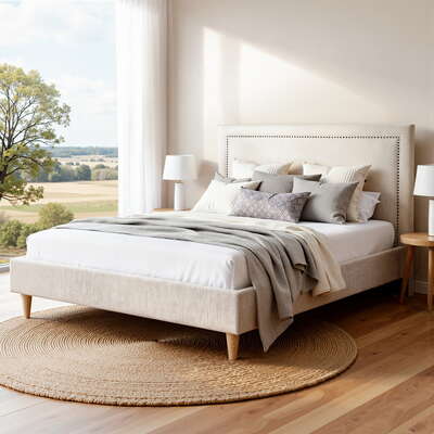 Queen Bed Frame Platform Bed Base with Upholstered Linen Headboard Beige