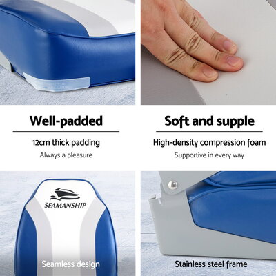 2X Folding Boat Seats Marine Seat Swivel High Back 12Cm Padding Blue