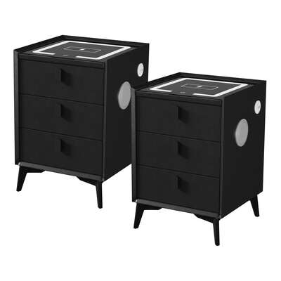 2x Smart Bedside Tables Wireless Charging LED 3 Drawers Black