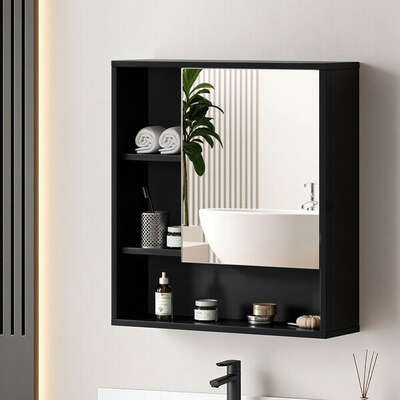  Bathroom Mirror Cabinet Mirrored Medicine Adjustable Shelf Wall Mounted 560mm Black