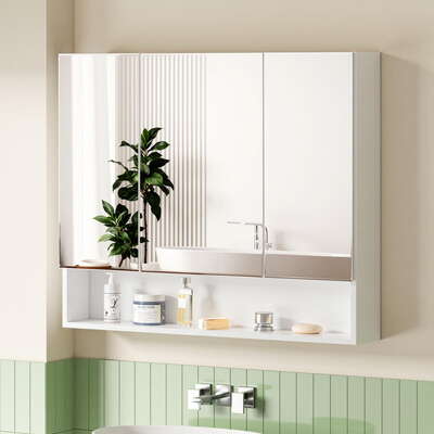 Bathroom Mirror Cabinet Medicine Adjustable Shelves Wall Hung 900x750mm White