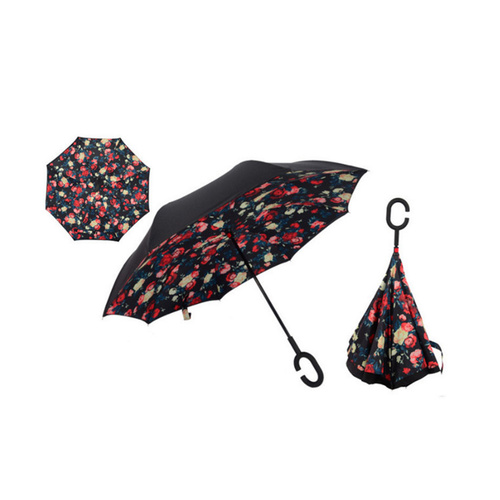 Windproof Double Layered Hands Free Folding Upside-Down Umbrella