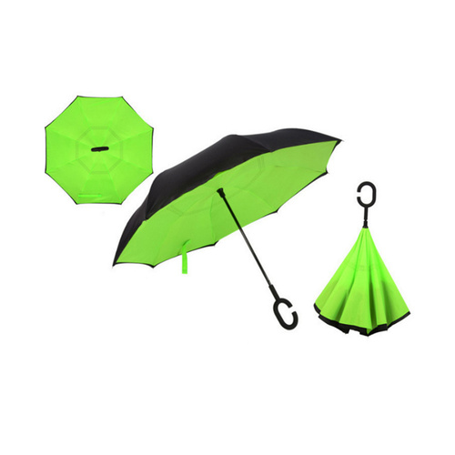 Windproof Double-Layered Hands Free Folding Upside-Down Umbrella Green
