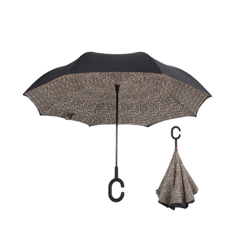 Windproof Double-Layered Hands Free Folding Upside-Down Umbrella Cheetah