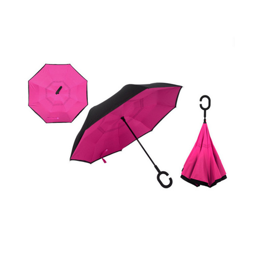 Windproof Double-Layered Hands Free Folding Upside-Down Umbrella Bright Pink