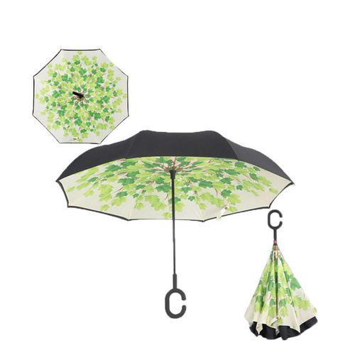 Windproof Double-Layered Hands Free Folding Upside-Down Umbrella Leaves