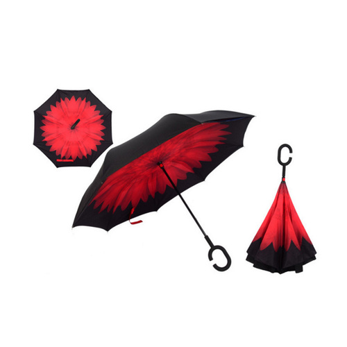Windproof Double-Layered Hands Free Folding Upside-Down Umbrella Red