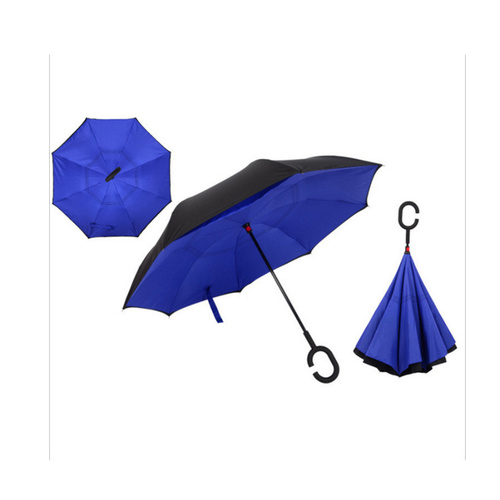 Windproof Double-Layered Hands Free Folding Upside-Down Umbrella Bright Blue