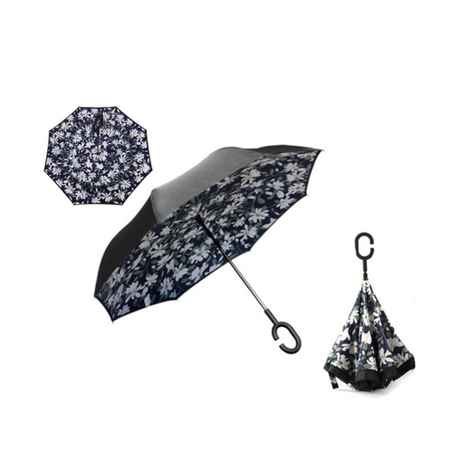 Windproof Double-Layered Hands Free Folding Upside-Down Umbrella White Flower