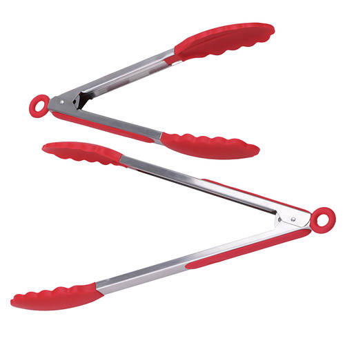 2PCS 9"/12" Stainless Steel Silicone Kitchen Tongs Red