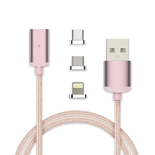 1m 3 in 1 Micro USB, 8 Pin Lightning USB ype C Magnetic Data Charger Rose Gold