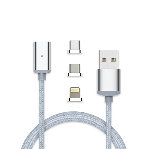 1m 3 in 1 Micro USB, 8 Pin Lightning USB  Type C Magnetic Data Charger Silver