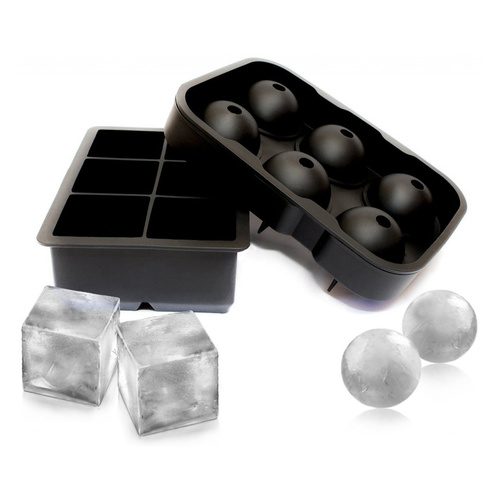 Silicone Tray Combo (2pack) Large Ice Ball Spheres & Big Ice Cube Blocks Black 