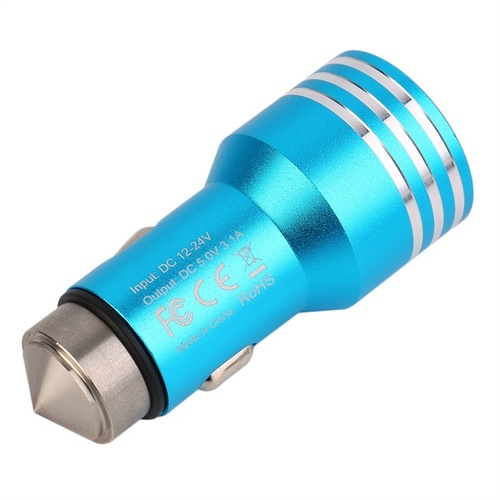 2 USB Ports 5V 2.1A Car Charger with Safety Hammer Function (Blue)