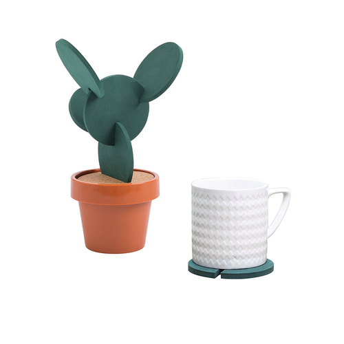 Quirky Designer Cactus Creative Coasters Set with Storage Display Stand Green