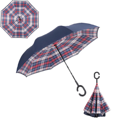 Double Layer Windproof UV Protection Reverse folding Umbrellas Red/ Blue Grid