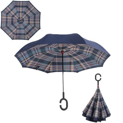 Double Layer Windproof UV Protection Reverse folding Umbrella Blue Grid