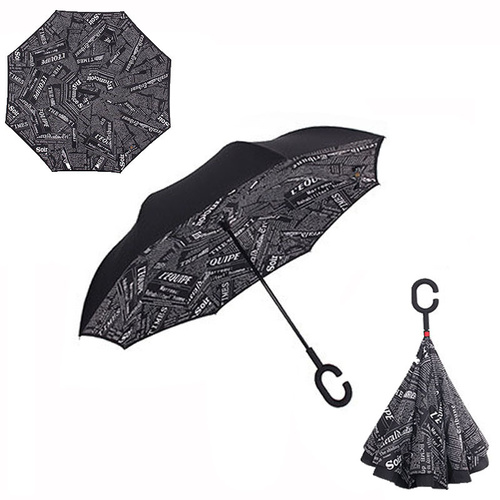 Double Layer Windproof UV Protection Reverse folding Umbrella News Print Dark