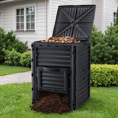 Compost Bin 300L Heavy-Duty Black Outdoor Composter with Top Lid Bottom Door