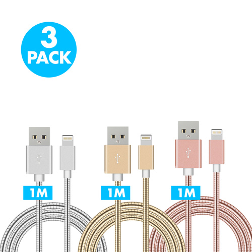 3 x Durable Flexible Stainless Steel USB 8pin Charger iPhone 5 6 6s iPad  