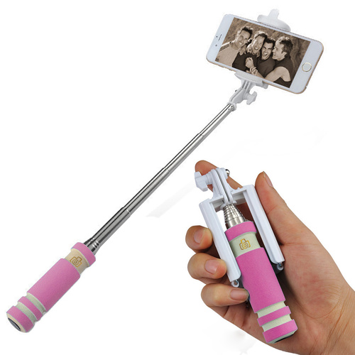 Universal Uber-Mini Wired Extendable Smartphone Selfie Stick (Length 110cm) Pink