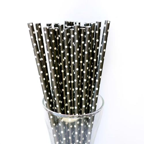 25 x Paper Straws - Black with White Polka Dots