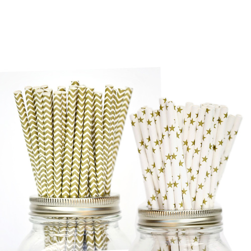 50 x Paper Straws - Golden Chevron & Stars Pack