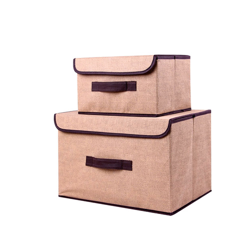 Set of 2 Foldable Fabric Collapsible Storage Cube Organziers with Lids Beige