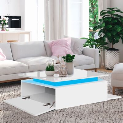 Coffee Table LED Lights High Gloss Storage Drawer White