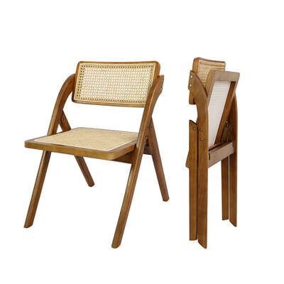 Premium 2X Foldable Rattan Dining Chairs Walnut - Wood Finish