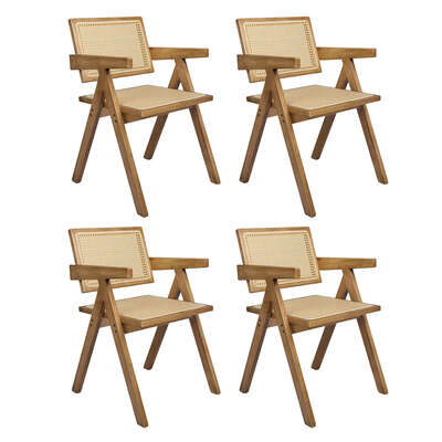Compact 4x Dining Chair Solid Wood Rattan - Space-Saving Design