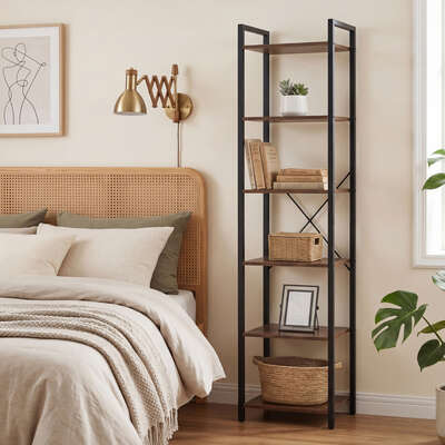 6 Tier Tall Bookshelf Walnut Steel Frame | EXTG