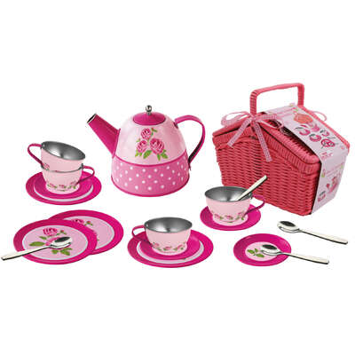 Rose Tin Tea Set In Picnic Basket 18Pcs