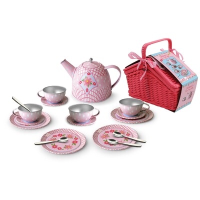 Floral Tin Tea Set In Picnic Basket 18Pcs