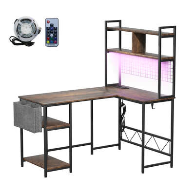 Contemporary L Shaped Gaming Desk with LED Lights Brown - Easy