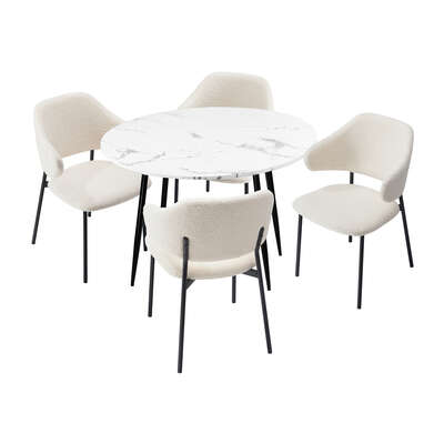 Round Dining Table with 4PCS Chairs Sherpa White
