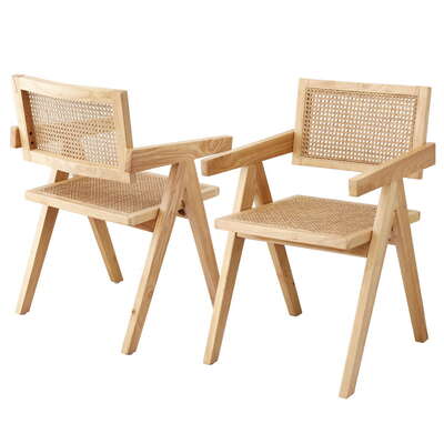 2x Wooden Dining Chair With Rattan Seat And Rubberwood Frame