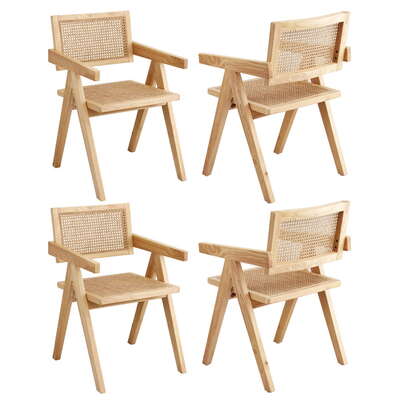 4x Wooden Dining Chair With Rattan Seat And Rubberwood Frame