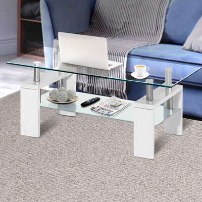 2 Tier Coffee Table Tempered Glass Stainless Steel White
