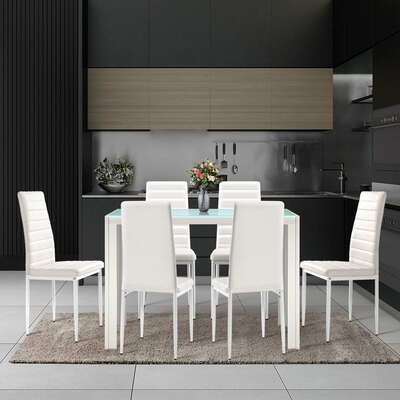Astra 7-piece Dining Table and Chairs Dining Set Tempered Glass Leather Seater Metal Legs White