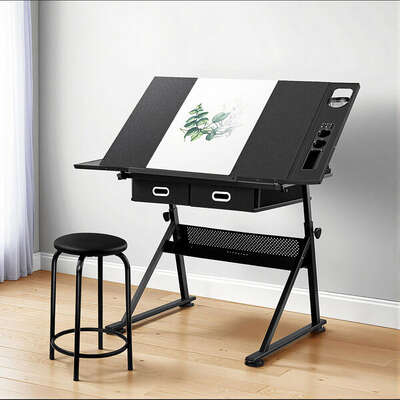 Drawing Desk Stool Set Drafting Table Adjustable Angle Tilt Drawers Black