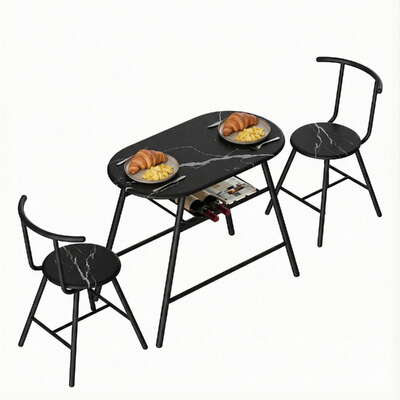 3-Piece Dining Table Set Bistro Kitchen with Storage Wine Rack Black Marble