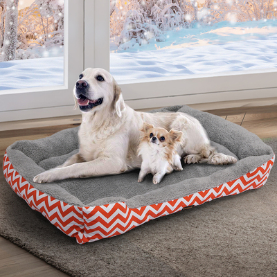 Dog Cat Bed Deluxe Soft Cushion Lining Warm Kennel Orange Geo 